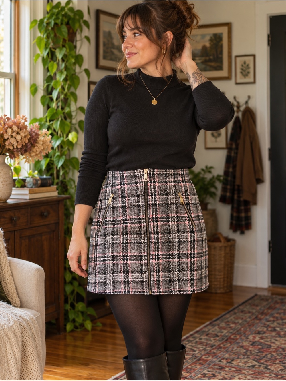 Sugar + Lips Plaid Mini Skirt L Pink Black Exposed Zipper